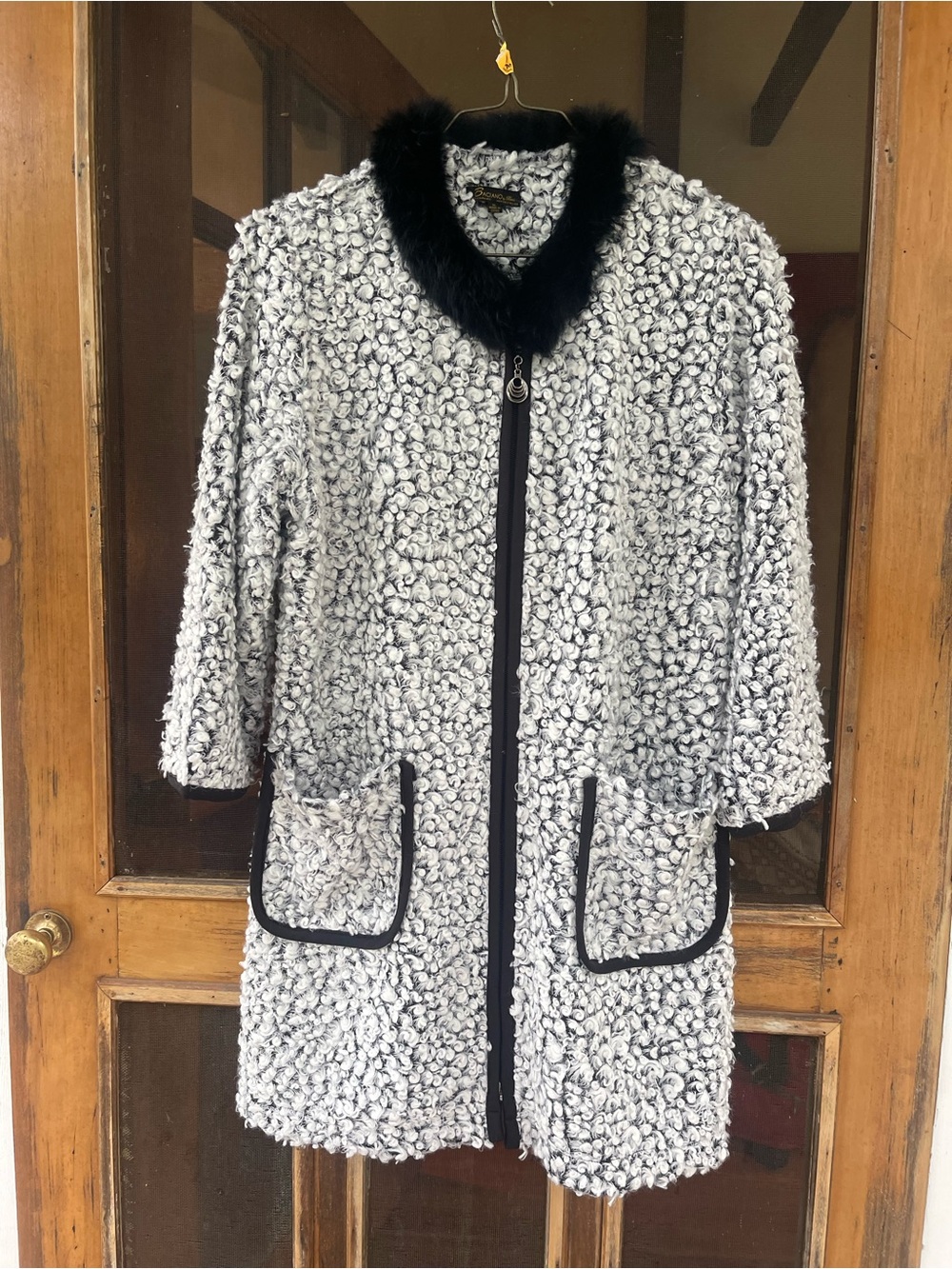 Women's XL Black & White Faux Curly Coat with Black Trim